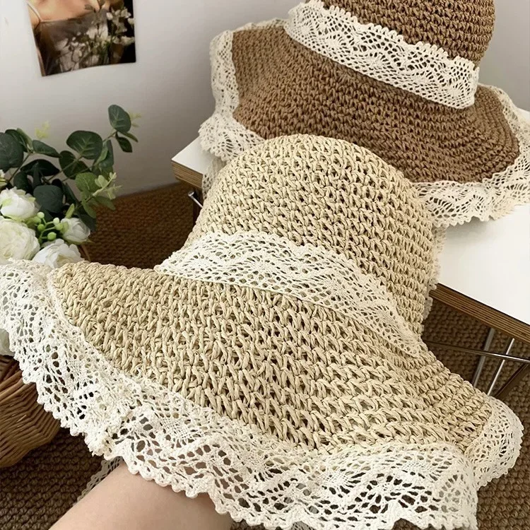 

Lace Trimmed Raffia Hat for Women - Wide Brim Summer Beach Hat with Rolled & Hollow Design