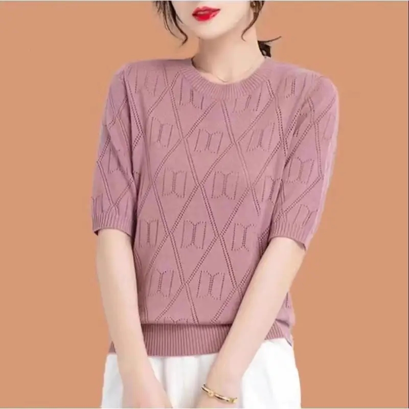 Temperament Commute Summer Women\'s Solid Color Round Neck 3D Argyle Hollow Out Fashion Casual Versatile Half Sleeve Knitted Tops