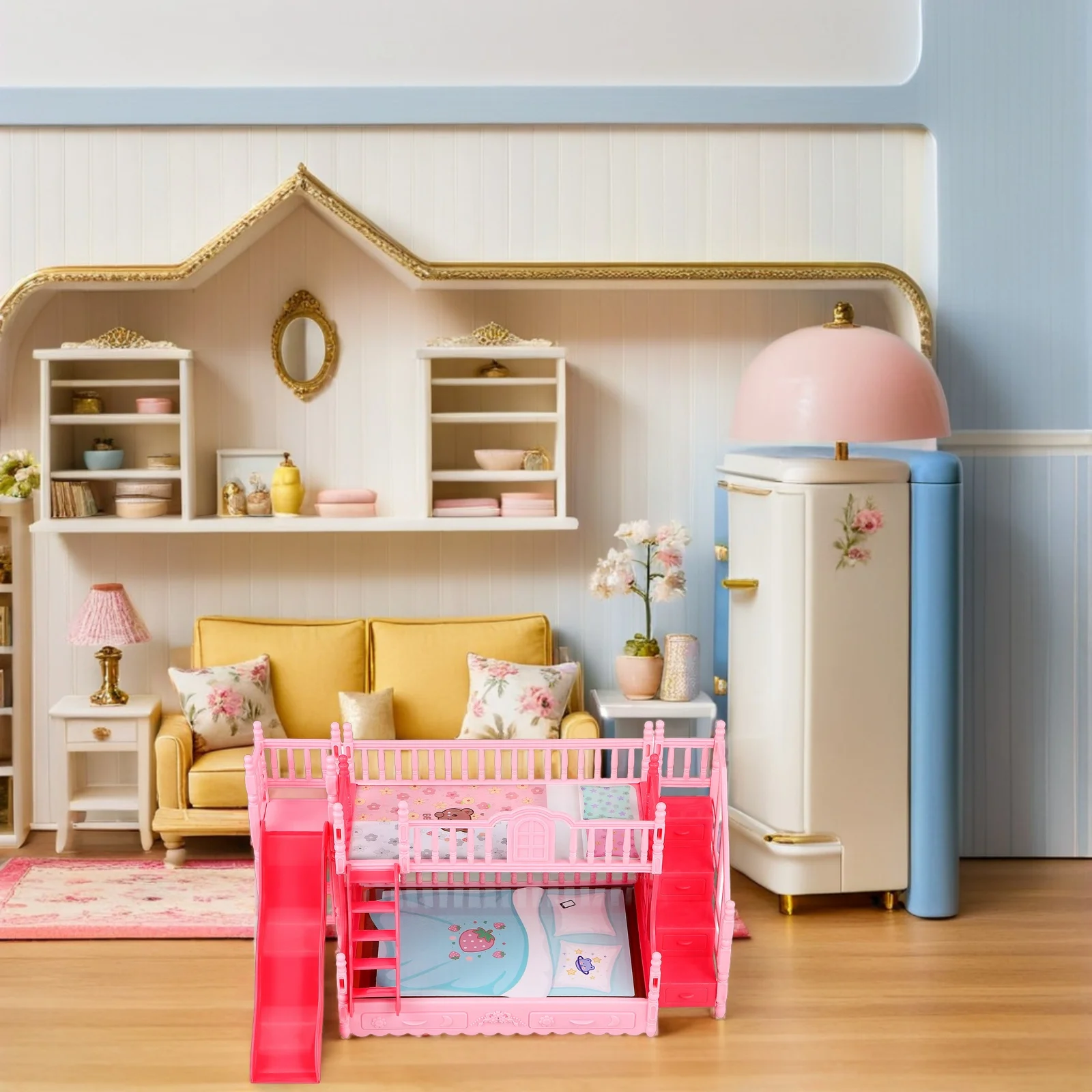 2 pçs crianças casa de bonecas móveis mini beliche para 17cm fingir jogar quarto conjunto acessórios simulação casa realista