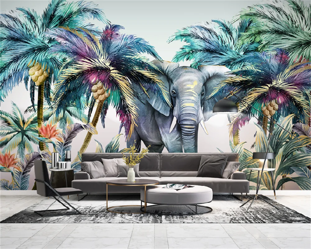 

Custom Wallpaper Hand Painted Forest Animals Tropical Plants Elephant Coconut Tree Living Room Bedroom Background Wall Mural