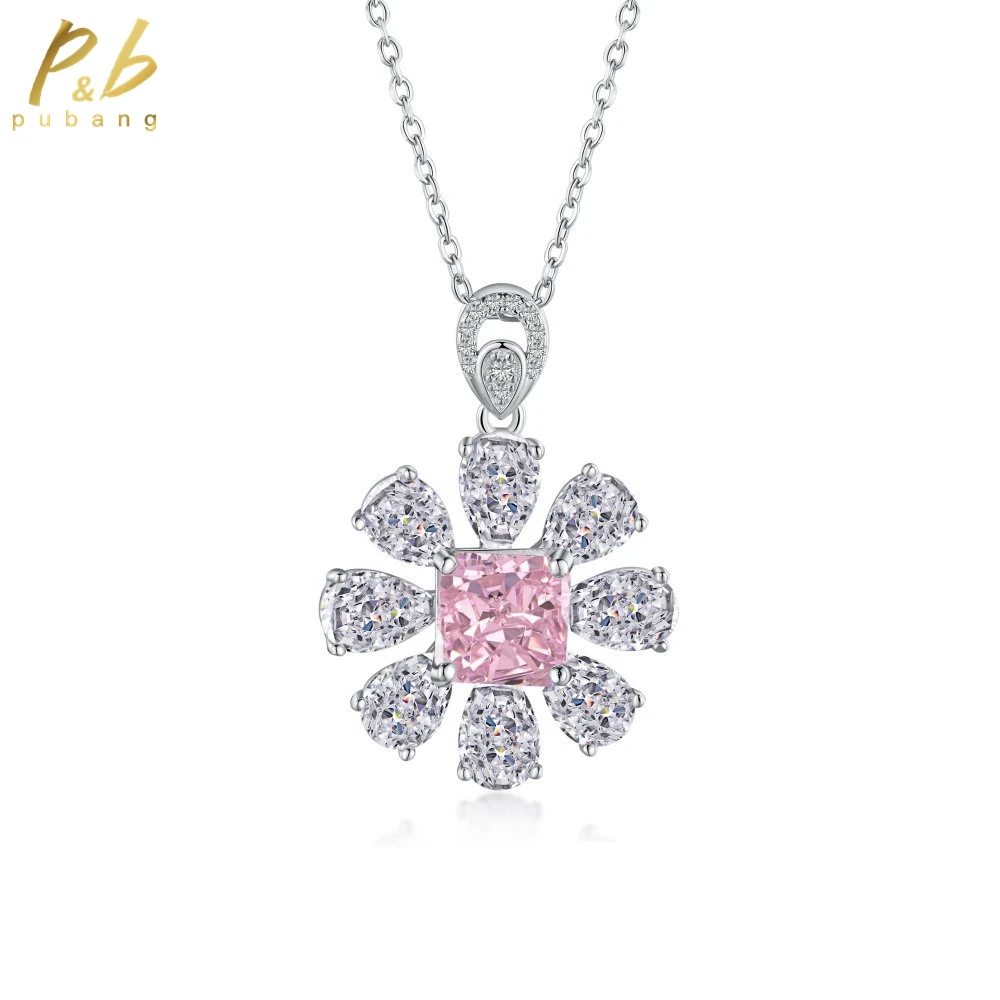 

PuBang Fine Jewelry Solid 925 Sterling Silver Pink Created Moissanite Pendant Necklace for Women Anniversary Gifts Free Shipping