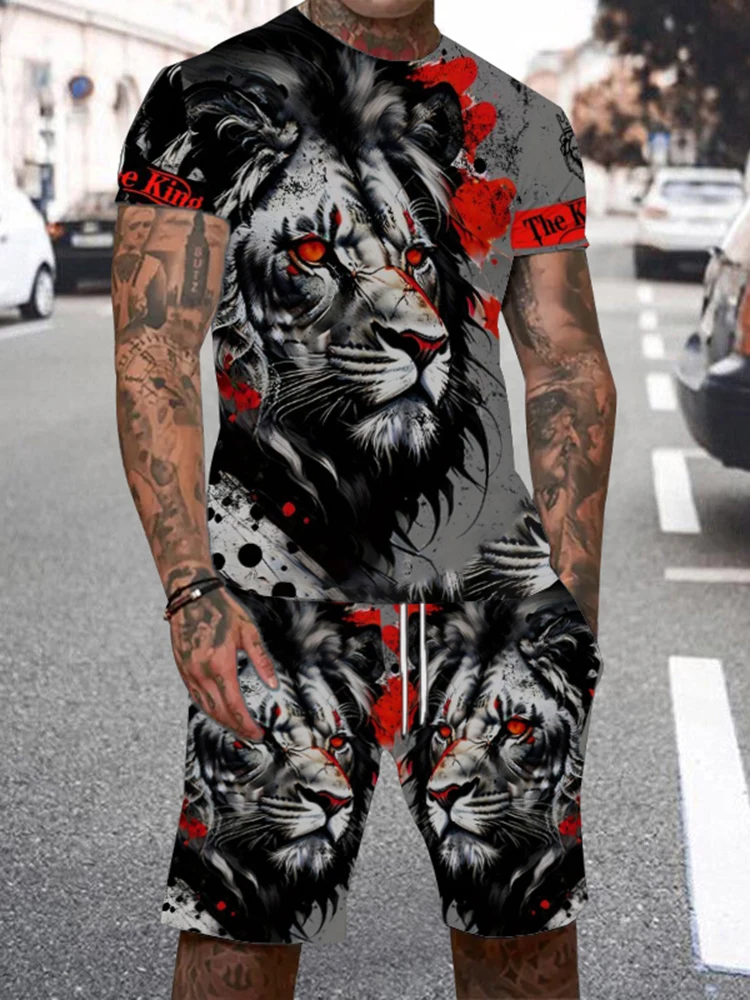 Casual Everyday Short Sleeve+ Shorts 2PCS Set Cool The Lion King 3DPrint T-Shirt +Drawstring Short Set Men's Set Camping