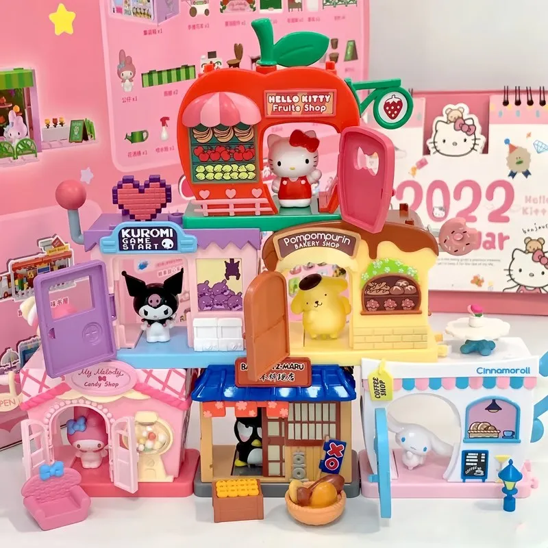 New Sanrio Hello Kitty Kuromi Play House Stackable Street View Splicing Toys Cinnamoroll Play House Collection Toys Gifts