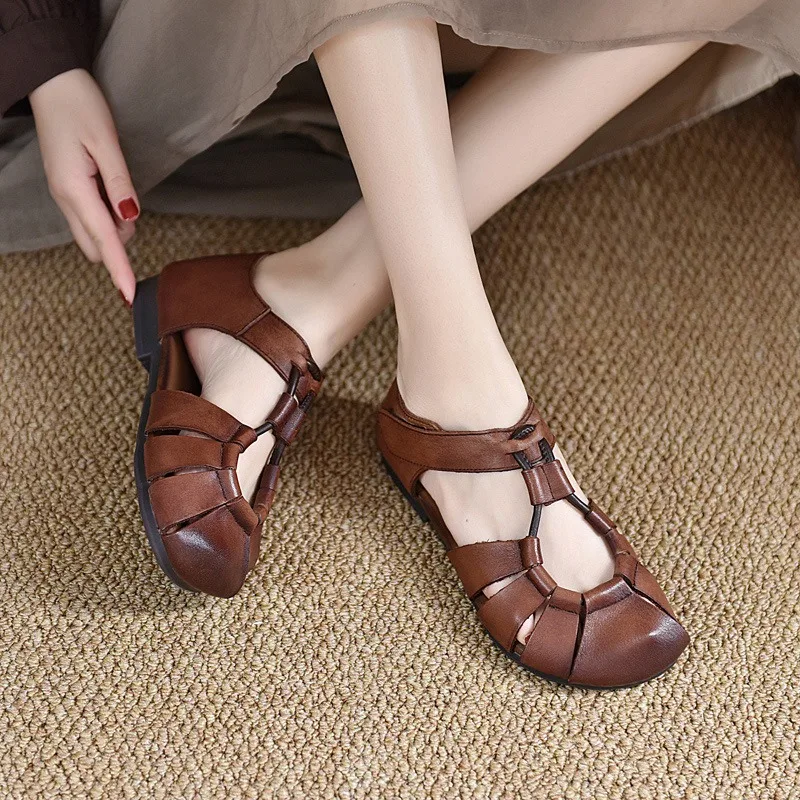 Ladies Shoes Hot Sale Closed Toe Women\'s Sandals Summer Rome Round Toe Solft Sole Hollow Solid Flat Casual Comfortable Sandals