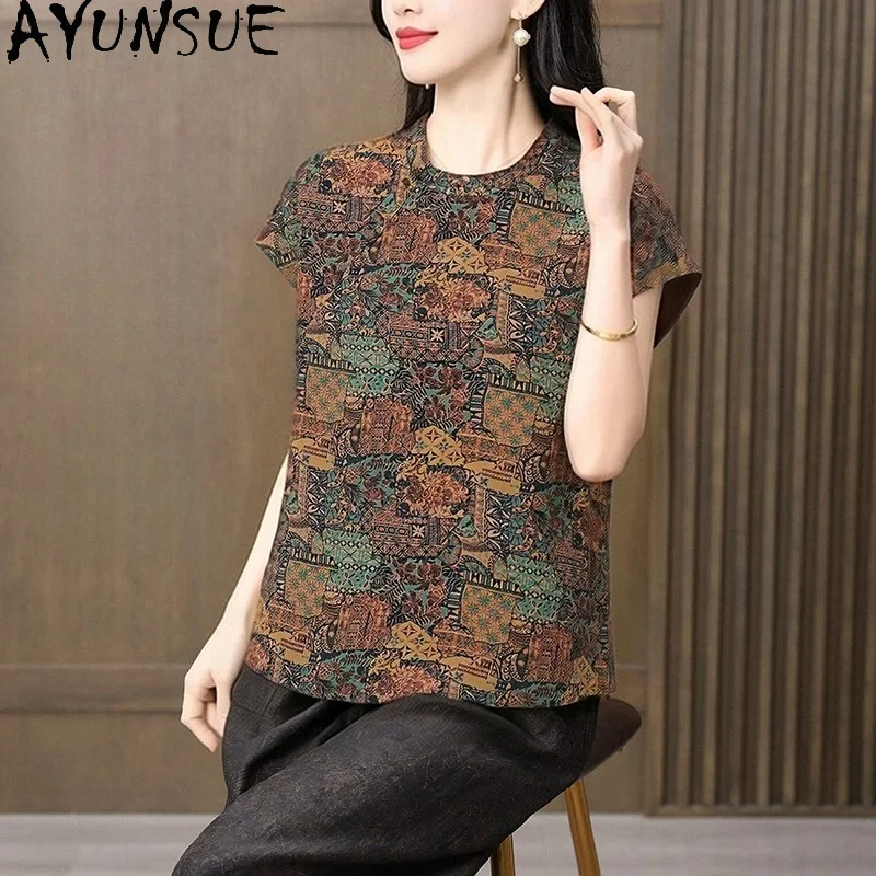 AYUNSUE 100% Real Mulberry Silk Woman Tops Vintage Printed T-shirts for Women Summer Middle-aged Women's T-shirt 2026 Ropa Mujer