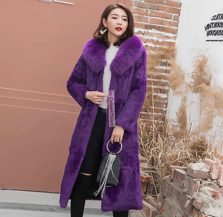 Women Fashion Real Rabbit Furs Coat Mandarin Collar Natural Fur Long Jacket Female Dropshipping Overcoat FE003