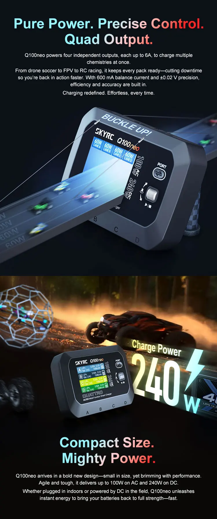 

4-канальное зарядное устройство SkyRC Q100neo — независимый выход, баланс 600 мА, точность 0,02 В для радиоуправляемых дронов