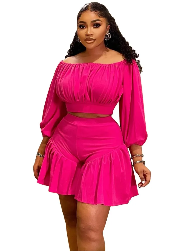 

Women's Set Long Sleeve Slash Neck T-Shirt And Shorts 2026 Summer Fashion Ruched Two 2 Piece Set Outfits Tracksuit