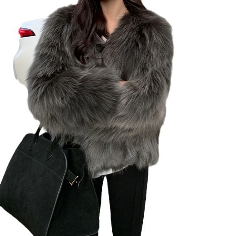 Krótki płaszcz z futra imitującego futro z futra lisa, damski, zimowy, młodzieżowy, w stylu koreańskim, modny, dopasowany, z dekoltem w serek, imitacja futra szopa pracza.