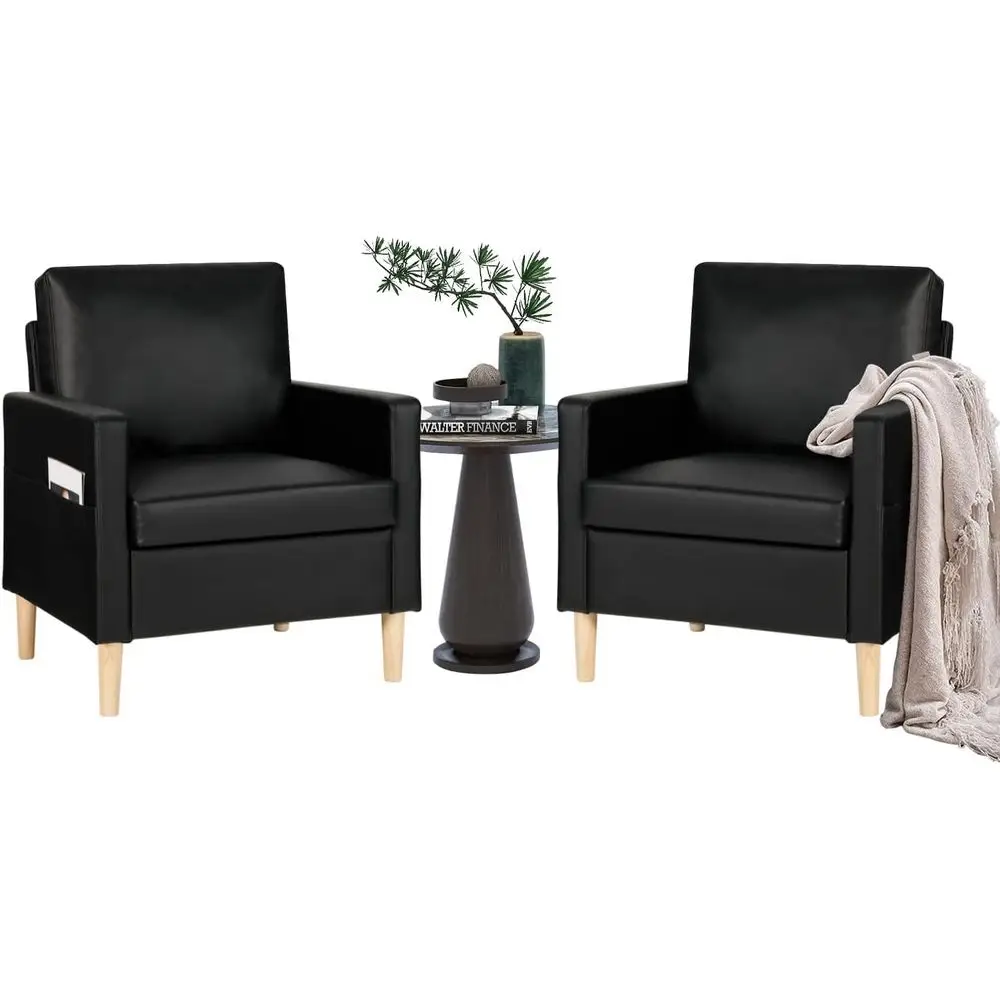 

Черные кожаные кресла с подлокотниками, комплект из 2 штук, с элементами из массива дерева, в стиле модерн, для гостиной, удобные для зала ожидания и спальни, для чтения