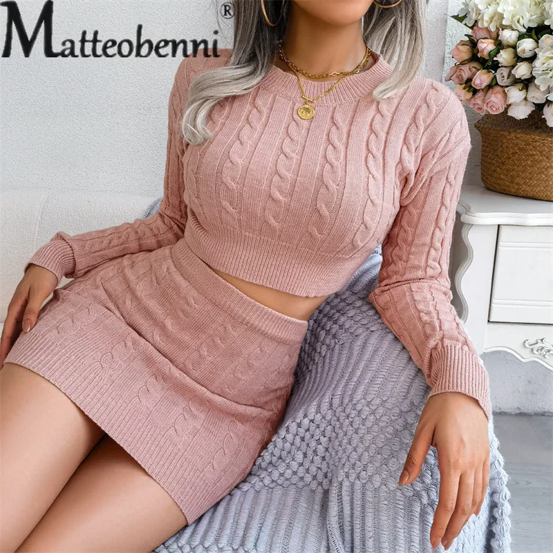 Elegant Twist Knitted Two Piece Set Women Show Belly Short Sweater Elasticated Waist Wrap Hip Skirt Knitwear Female Casual Suits