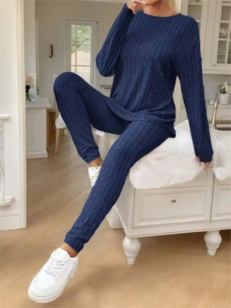 Casual O-neck Two Piece Set Women Outfits Autumn Winter New Fashion Solid Knitted Long Sleeve Sweater Elegant Loose Pants Suit