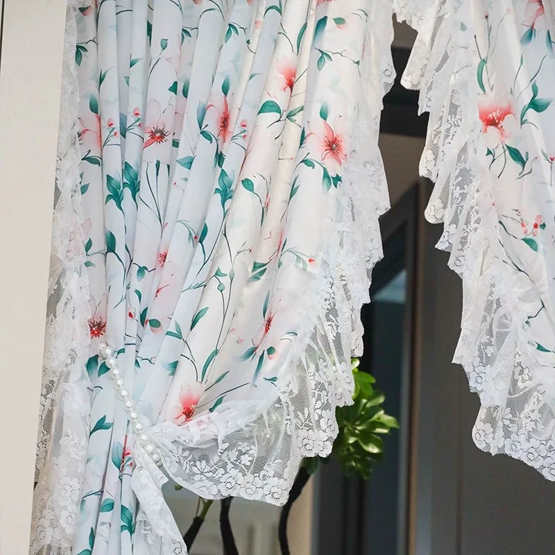 Idyllic Beautiful Flowers Lace Tulle Curtains for Living Room Warp Ruffled Rural Gauze Door Curtain for Kitchen Bedroom #A648