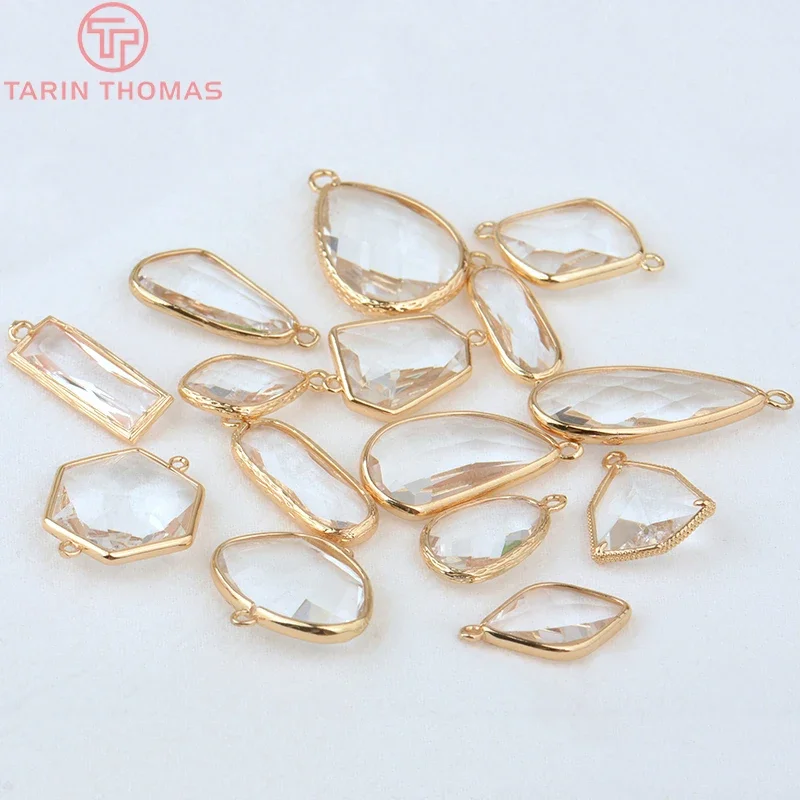 

(1082)6PCS 24K Champagne Gold Color Brass with Glass Irregular Connector Charms High Quality Jewelry Making Findings Accessories