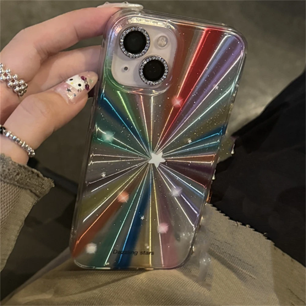 Luxury Laser Radiant Firework Rainbow Color Phone Case For iPhone 15 14 13 12 11 Pro Max Glitter Star Lens Protection Soft Cover