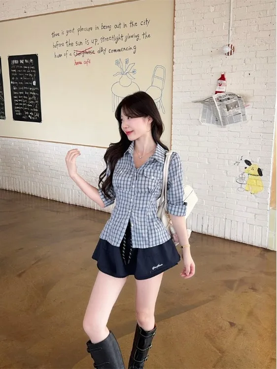 

plus Size Korean Style Summer New Plaid Short Sleeve Shirt Waist in High Waist Skirt Two Piece Set Fashionable plus Size...
