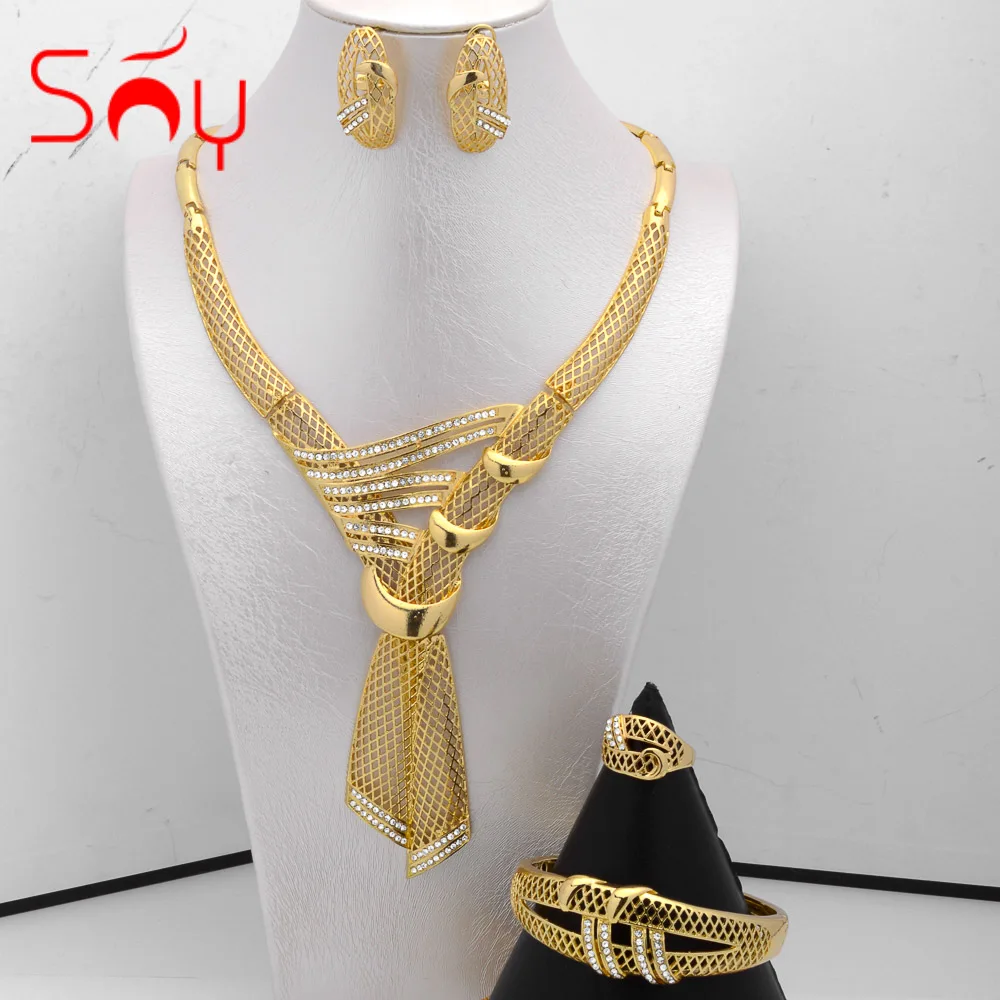 

Sunny Jewelry Set Dubai African Vintage Geometric Earrings Necklace Bracelet Ring For Women Gold Plated Gift Party Brazilian