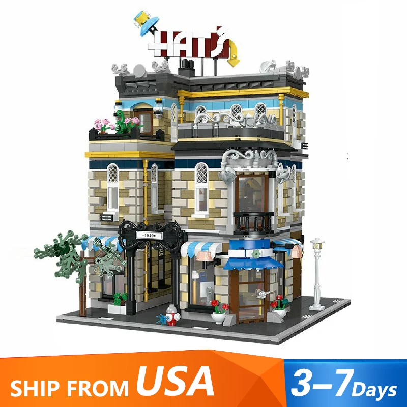 

MOC Hat Shop City Building, модульные здания, сборка строительного блока, модель игрушки, детский подарок на день рождения, 3140 шт.