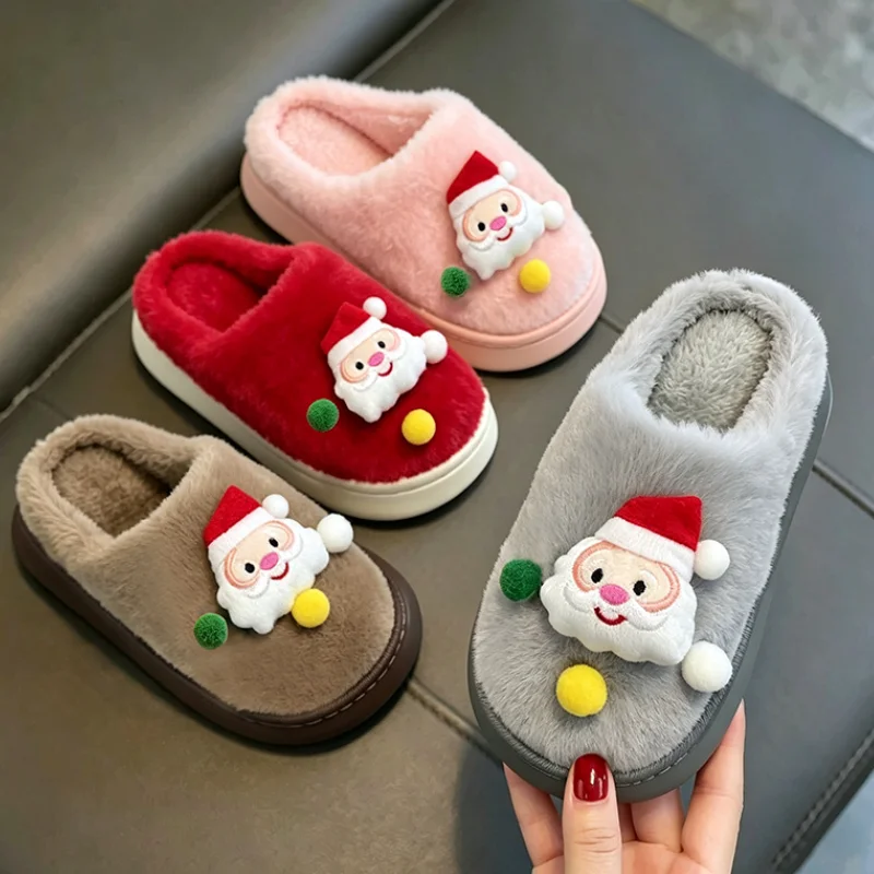 Children's Cute Santa Claus Plush Home Slippers Winter Christmas Warm Furry Indoor Slippers Kids Lightweigh Platform Shoes 30-45