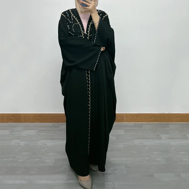 

Elegant Batwing Sleeve Dubai Abaya With Floral Patchwork And Pearl Embellishments For Women Plus Size Long Robe
