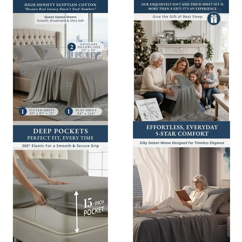 

Queen Size Egyptian Cotton Bed Sheets Set - Cool & Breathable Satin, Deep Pocket, Charcoal