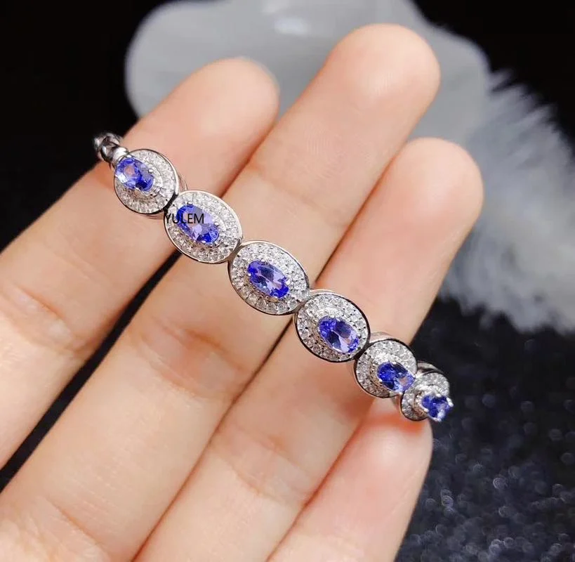 

YULEM High Quality Natural Tanzanite Gemstone Bracelet Bangle with Real 925 Sterling Silver for Women Luxury and Fine Jewelry