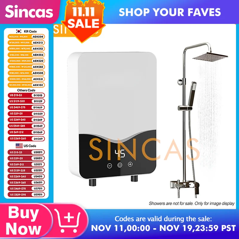 Calentador de agua eléctrico de 220V y 5500W, calentador de agua instantáneo sin tanque de 110V, ducha de baño, calentador de agua caliente multiusos para el hogar