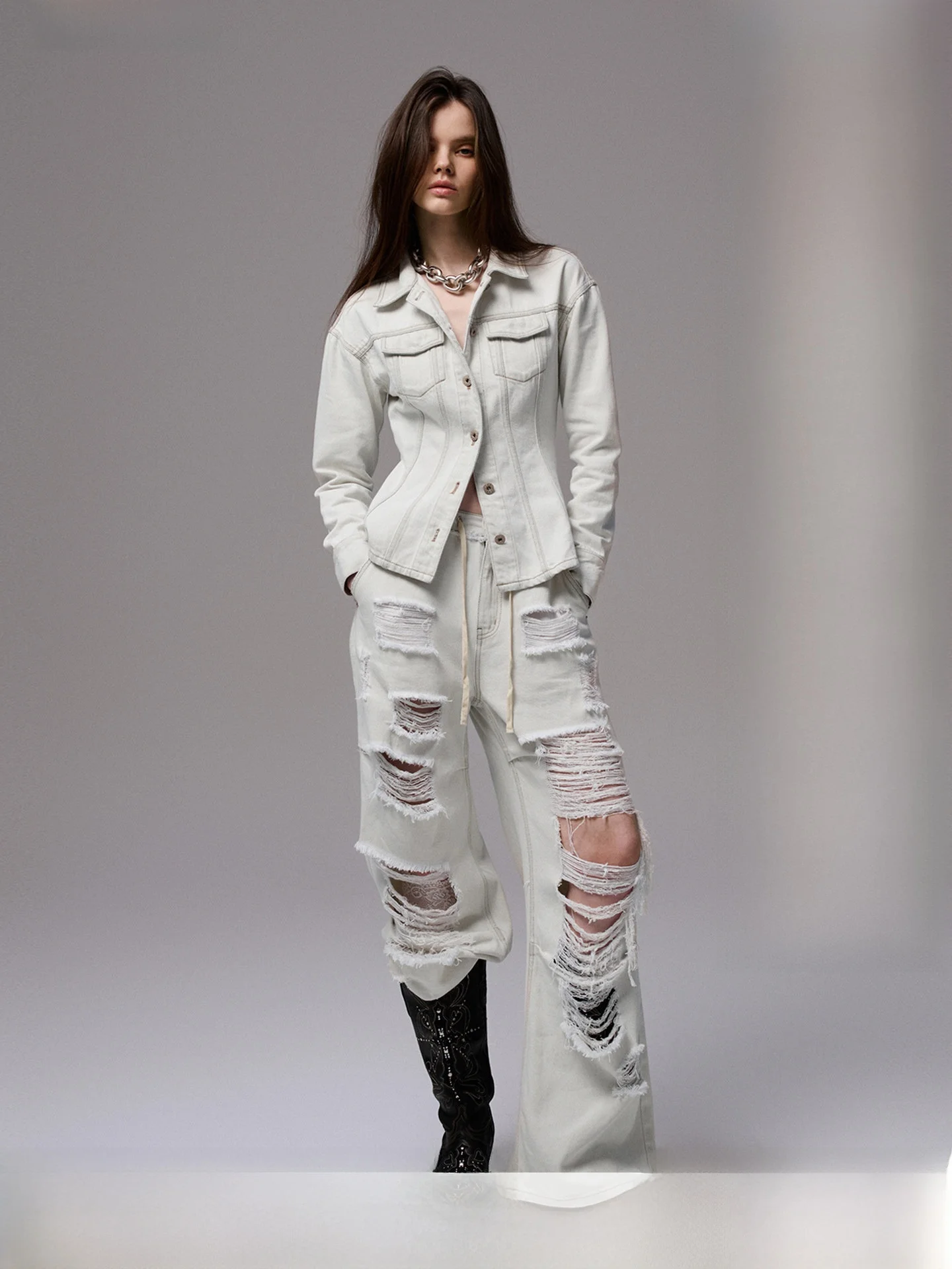 

1JINN STUDIO Faded White Washed Hole Denim Jeans Low Waist Wide Leg Pants Women's Embroidery Casual Cotton Trousers