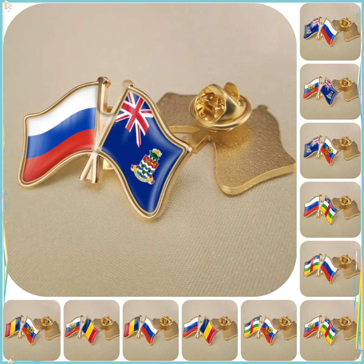 Russian Federation and Cayman Islands Central African Republic Chad Double Crossed Friendship Flags Brooches Lapel Pins Badges