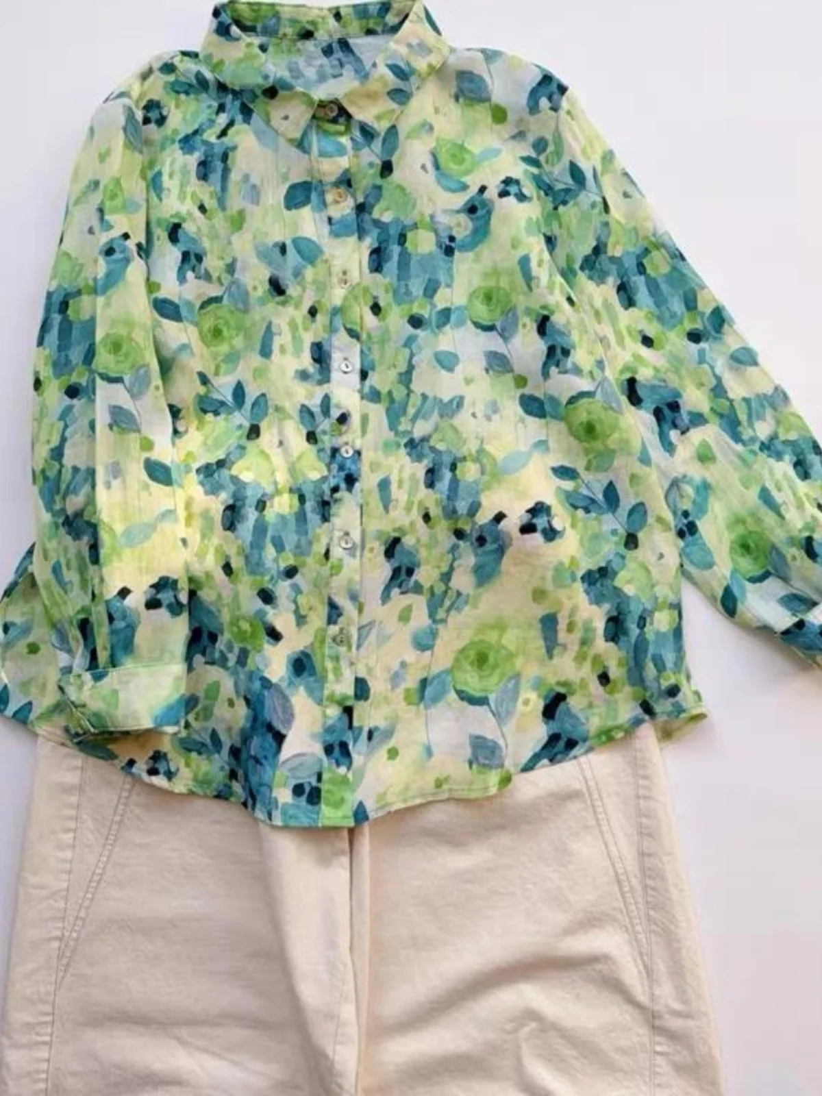 

Свободный женский топ с цветочным принтом, художественный дизайн, смесь хлопка и льна, длинный све, повседневный топ с отделкой на пуговицах