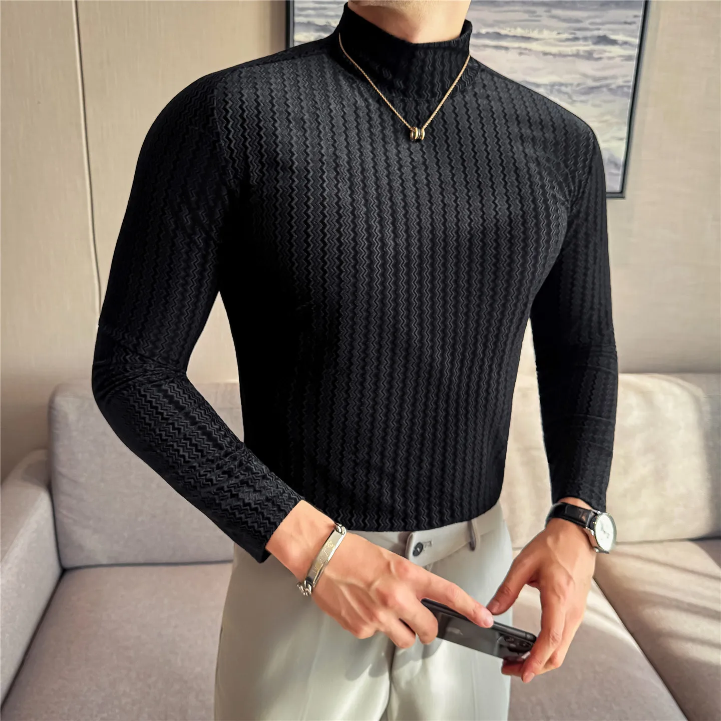 

Мужская базовая футболка в толстую полоску из бархата с воротником-стойкой, зимняя теплая футболка с длинными рукавами, приятная для кожи эластичная базовая рубашка, мужская черная