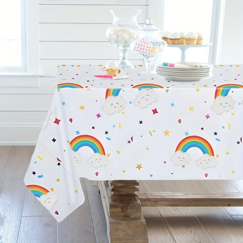 1pc, Rainbow Cloud Table Cover, 51.18*86.61 inch, Rainbow Star Plastic Table Cover, Wedding Bride Celebration Decoration, Birthd