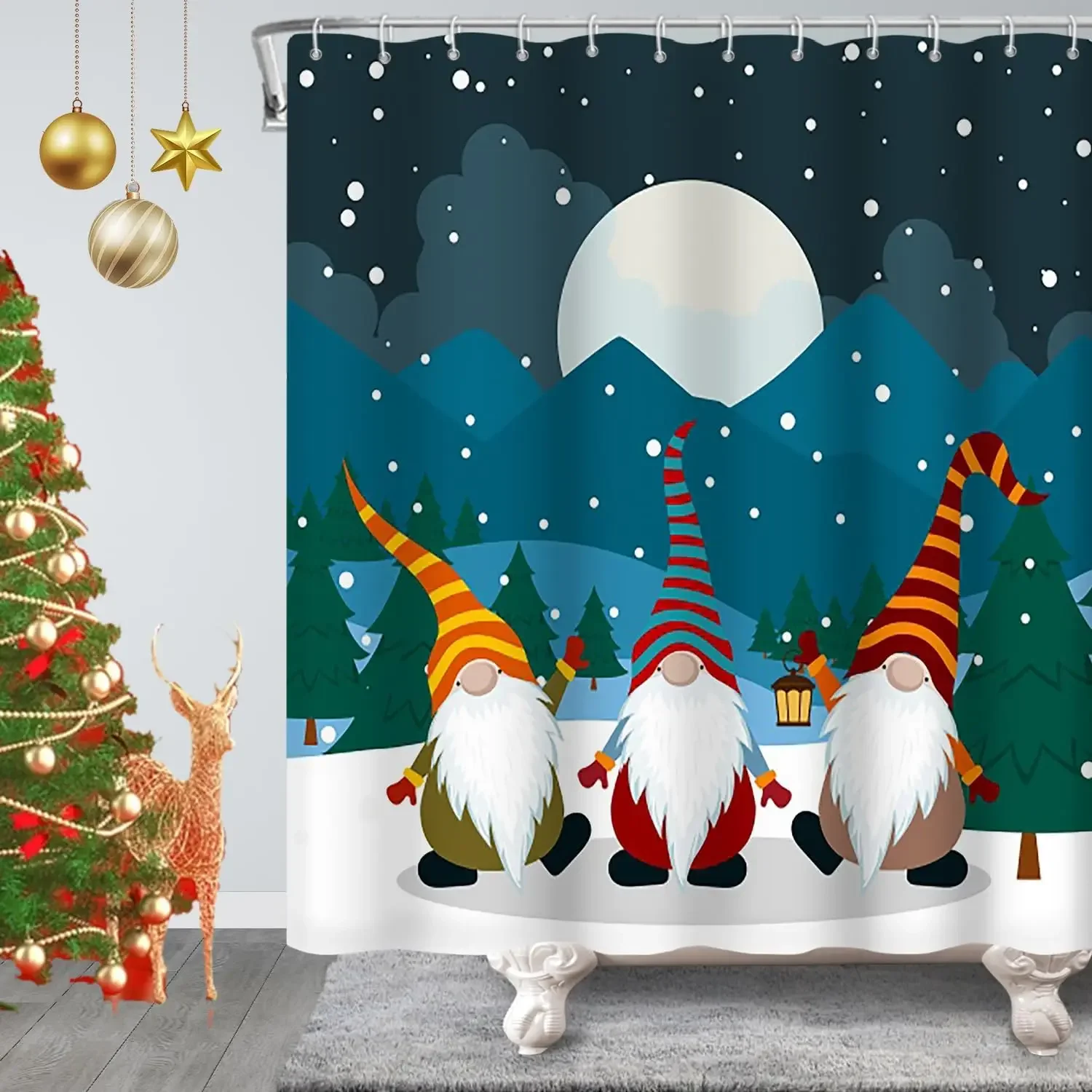 Shower Curtain for Bathroom Full Moon Hide in Mountains at Snowy Night Christmas Eve Shower Curtains With Hooks Polyester Fabric