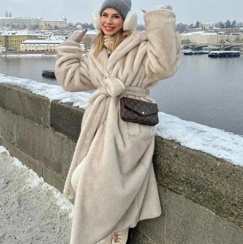 Luksusowy damski płaszcz z kapturem ze sztucznego futra norek, długi, plus size, gruby, ciepły, zimowy, z paskiem, wysokiej jakości odzież wierzchnia, 2025