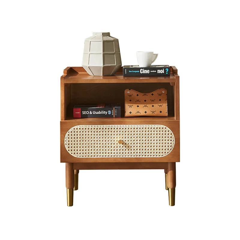 Nordic solid wood bedside table, small apartment sofa side cabinet, simple rattan edge storage cabinet, corner storage small