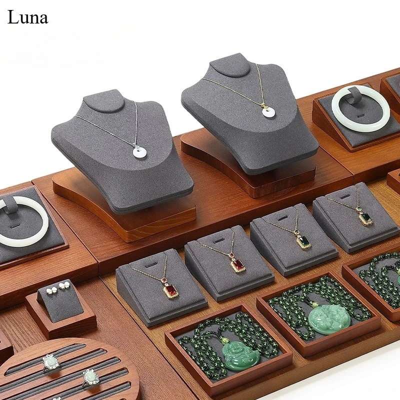 

Gray Solid Wood Jewelry Display Stand, Ring Bracelet Necklace Holder, Counter Showcase Prop & Organizer for Store