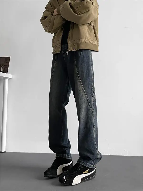 

Мужские джинсы в стиле ретро American Vibe, повседневные прямые брюки с лоскутным узором, длинные брюки, модные универсальные джинсы на осень и зиму.