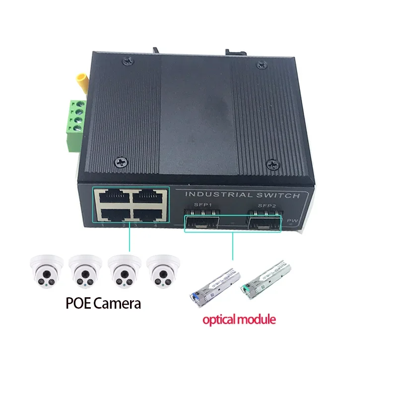 4 ports 10/100M 802.3at/af POE 48V with 2 ports10/100M SFP Ethernet industrial swith