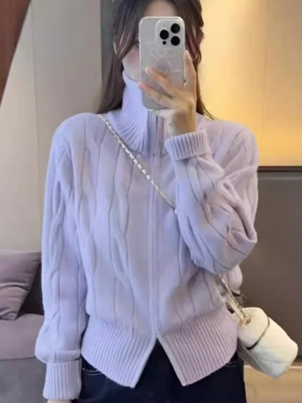 

Корейский модный фиолетовый вязаный свитер-пальто с воротником-стойкой и двойной молнией для женщин, осенне-зимняя новинка, универсальная модель