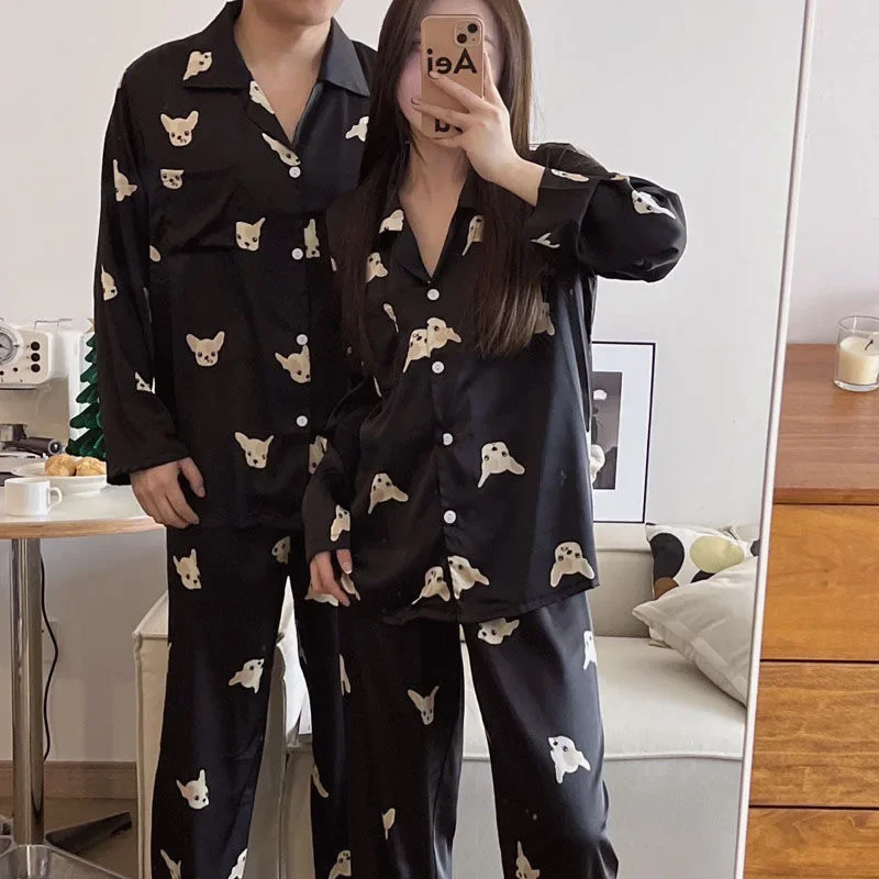 Spring Autumn Couple Pajamas Set Embroidery Print Cartoon Sleepwar Black Lover Trouser Suits Loungewear Home Wear Satin Pyjama