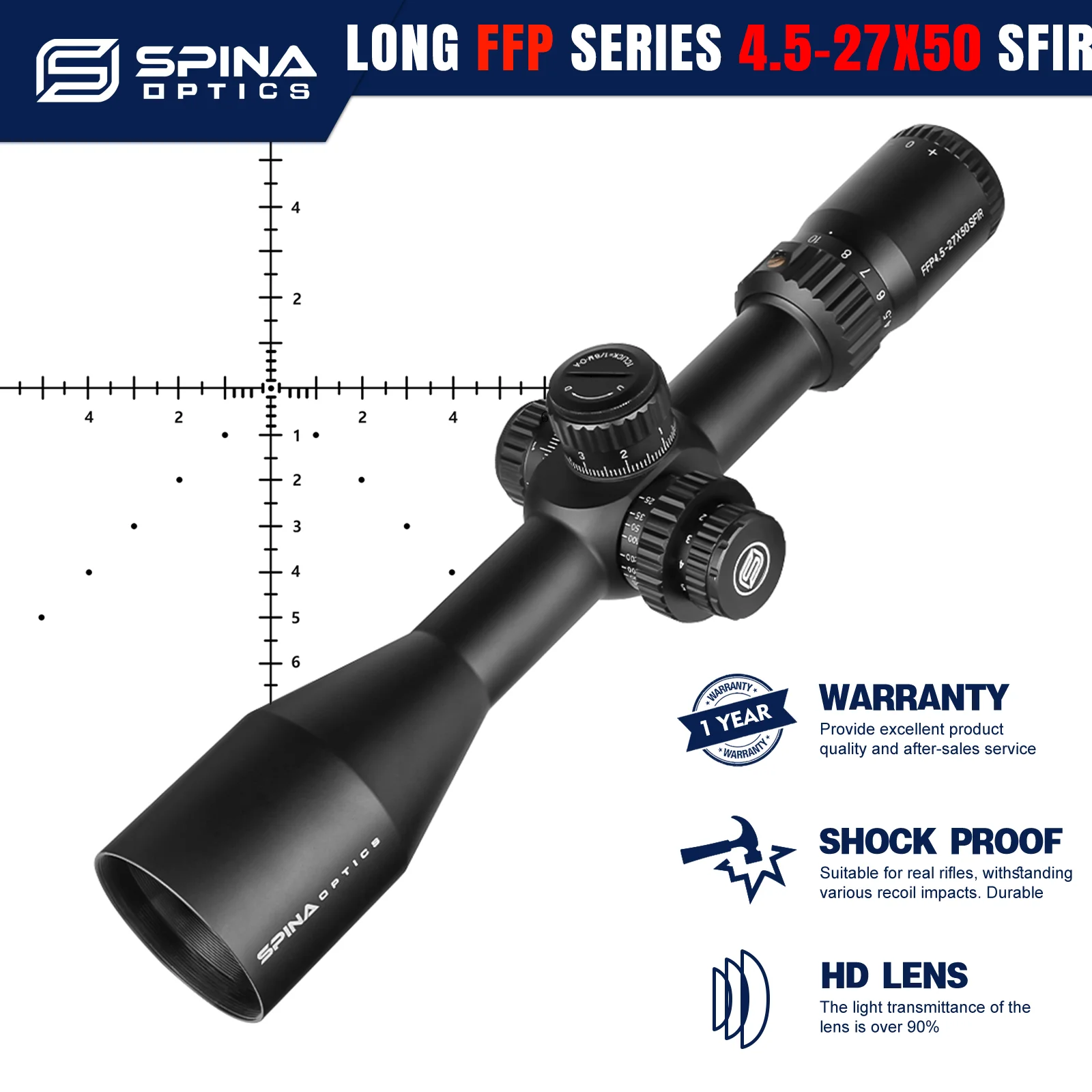 

SPINA OPTICS HD 4.5-27x50 FFP Tactical Glass Etched Reticle Lock Reset Side Parallax RifleScope Sights PCP Carbine AR.308.556