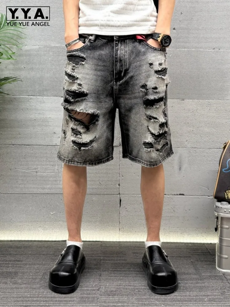 Summer Mens Hole Ripped Denim Shorts Vintage Casual Loose Fit Cowboy Trousers Knee Length Breathable Wide Leg Shorts Streetwear
