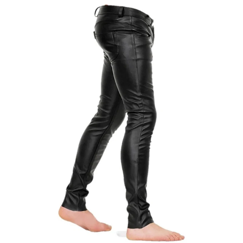 Men\'s Black Matte Faux Leather Slim Pencil Pants Male Chic Bodycon PU Trousers With Pocket Vintage Ankle-Length Pant New Custom