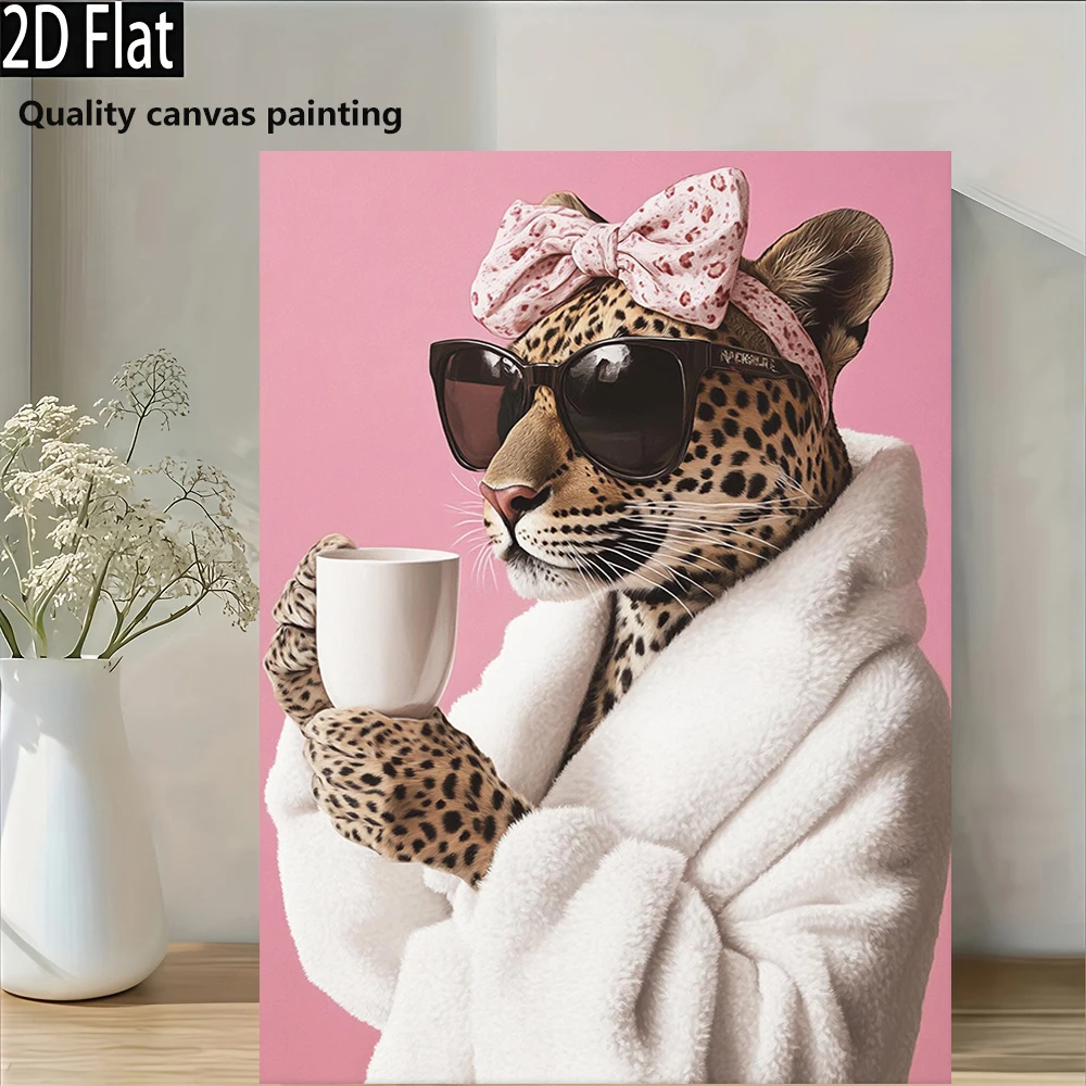 Chic Leopard with Sunglasses Canvas Painting, Funny Animal Wall Art in Bathrobe, Pink Background Decor for Modern Homes, Unique