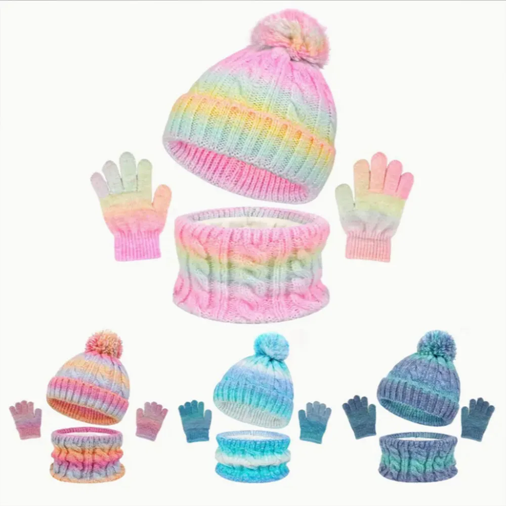 

3-8 Y Boys Girls Three-Piece Gradient Color Kids' Winter Warm Set: Hat, Scarf, and Touchscreen Gloves, All-in-One Warmth
