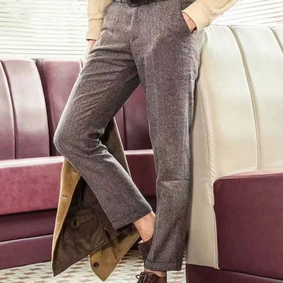 Fashion Winter Woolen Men's Casual Office Suit Pants Men Slim British Style Wool Business Formal Dress Long Trousers 2024 L56