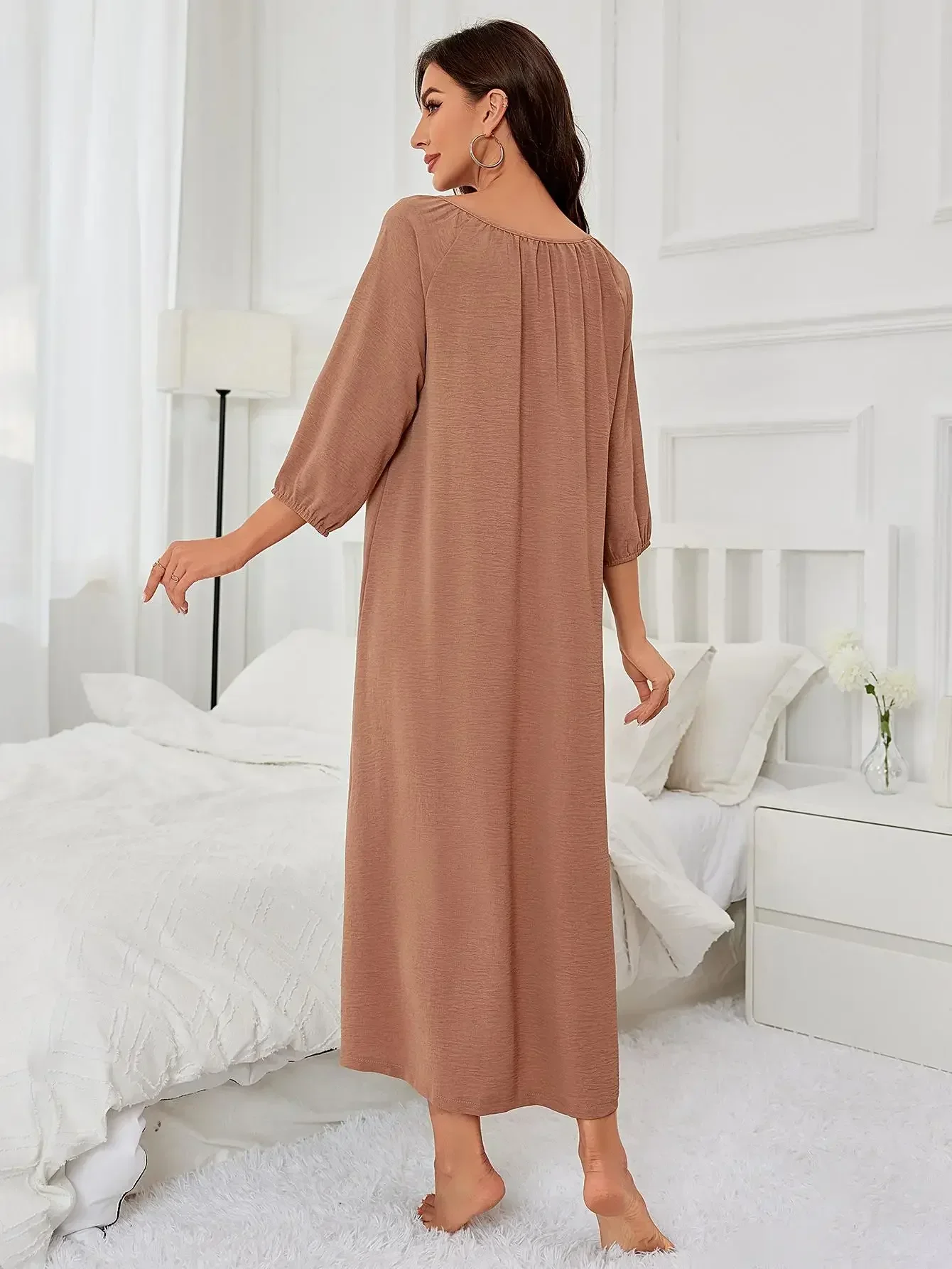 Solid Color Women Nightgown Cut Out V Neck Pleated Sleepwear Half Sleeves Fall Nightwear Female Homwear Clothing Pajama Dress