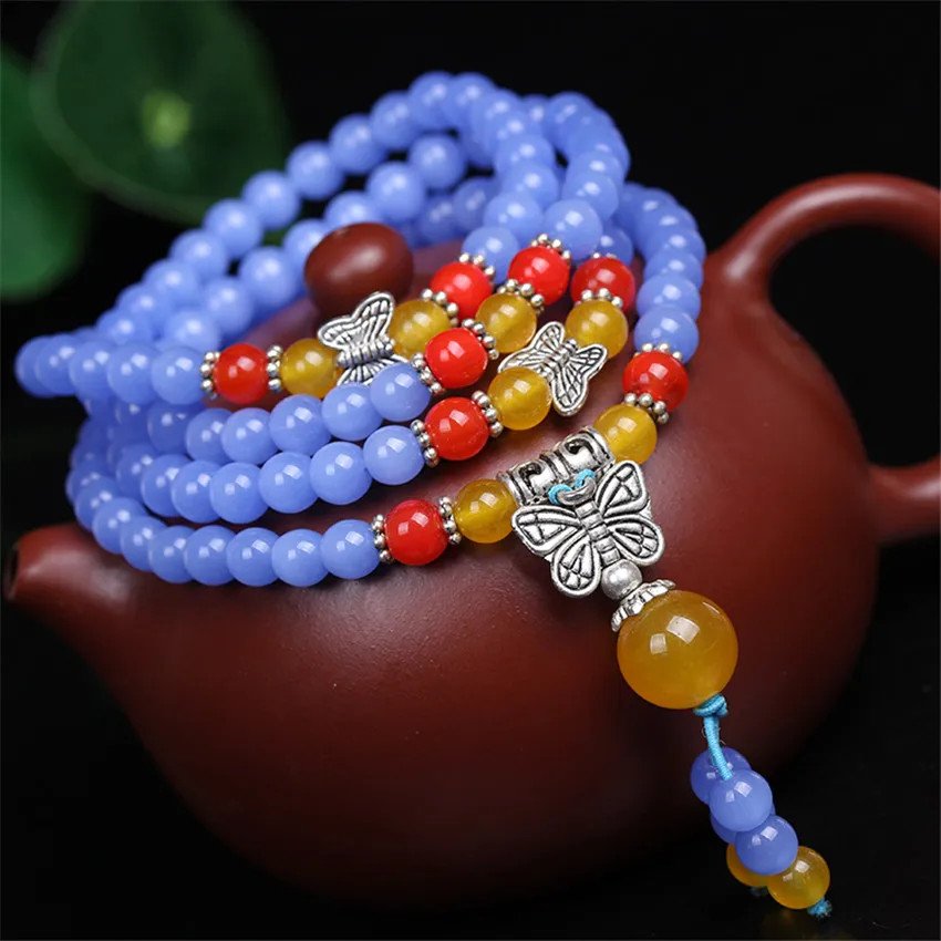 

6mm Blue jade bracelet Bohemian Semi-Precious Stones Artisan Women Charm Eco-Friendly Teens Link Cuff Prayer