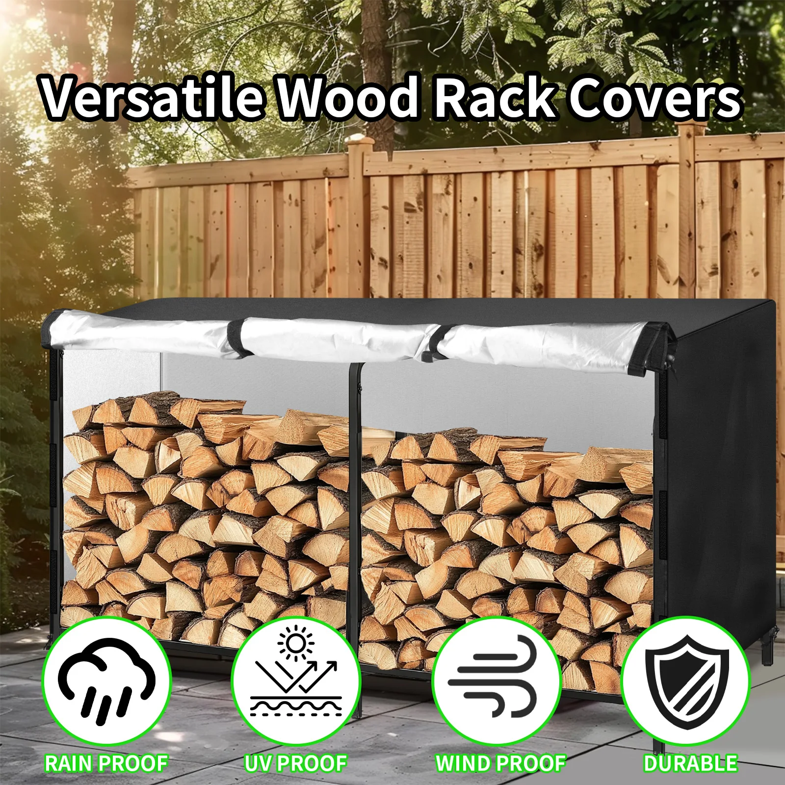 Waterproof Firewood Log Rack Cover Heavy Duty Outdoor Oxford Wood Pile Protector with Buckle for Fireplace Fire Pits Lumber