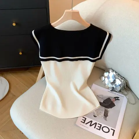 कॉलेज नाविक कॉलर कंट्रास्ट पतली बुना हुआ टैंक टॉप महिलाओं वी गर्दन बिना आस्तीन स्लिमिंग शर्ट ग्रीष्मकालीन पैचवर्क टी 10 best sales नाविक शीर्ष - №10